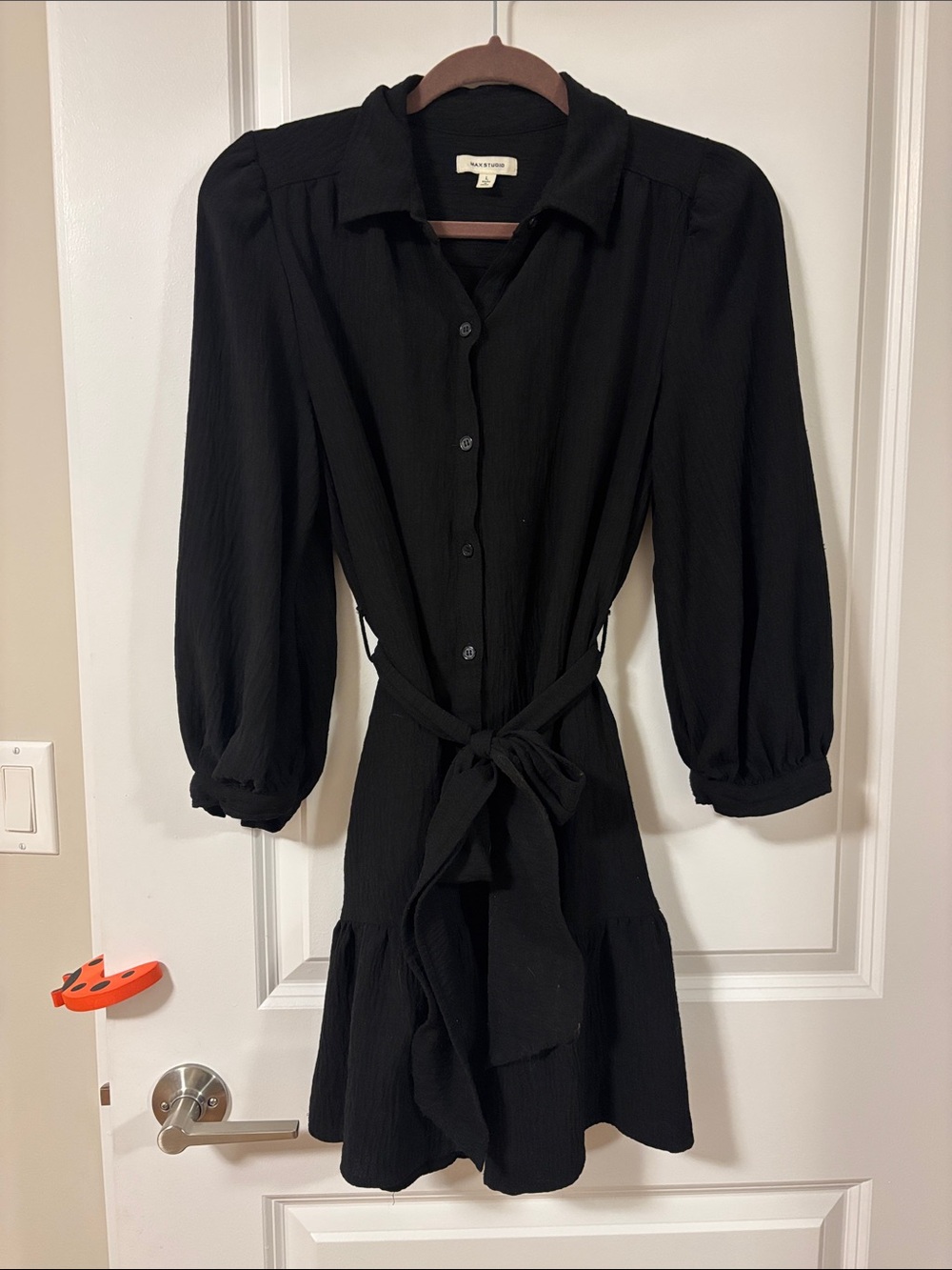 Max Studio Black Button-Front Tie-Waist Mini Dress